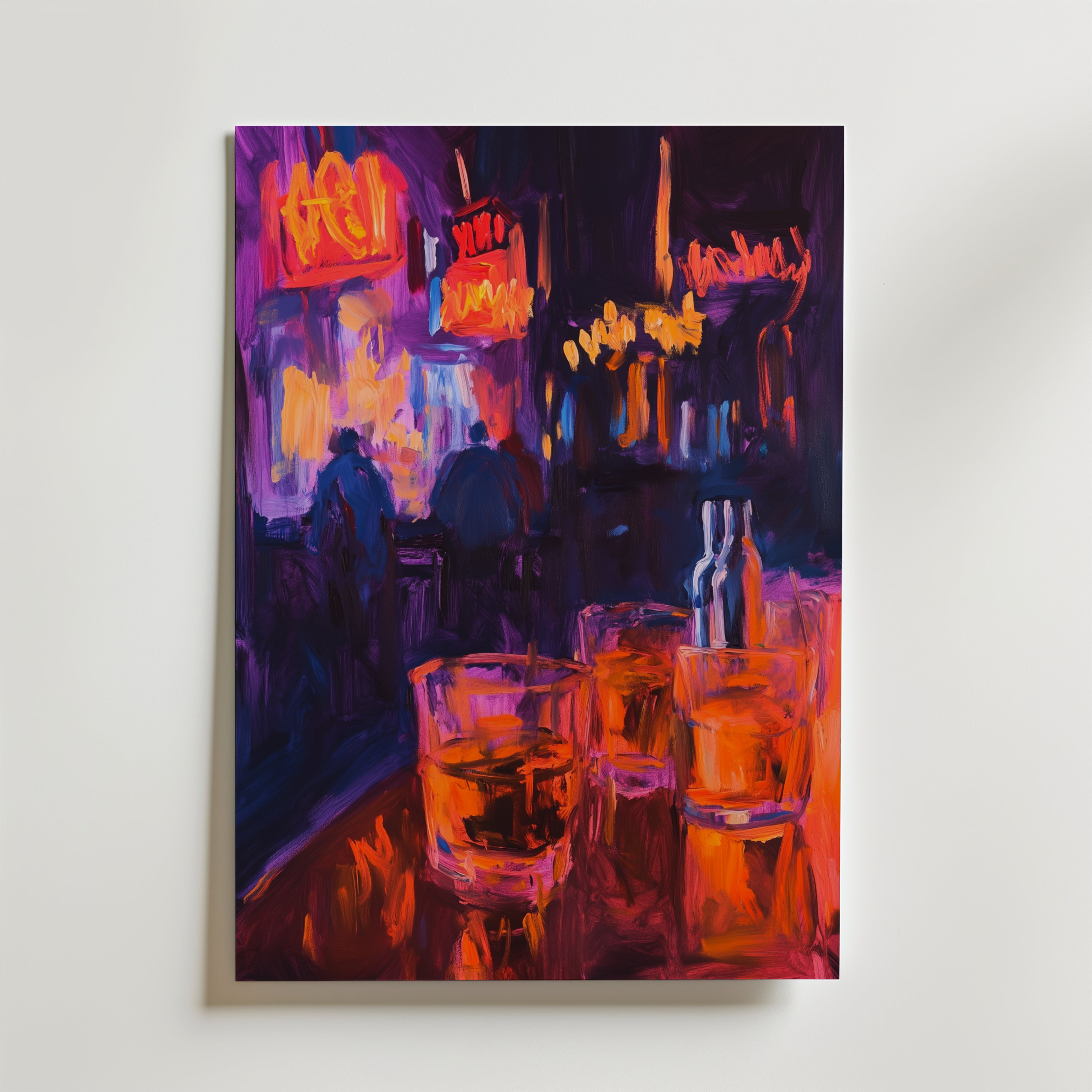 Abstract Bar Poster by Bozetto visar en neonbelyst bar med tre glas bärnstensfärgad sprit och två flaskor, bland levande abstrakta figurer - perfekt för premiumpapper med lyxig matt yta.