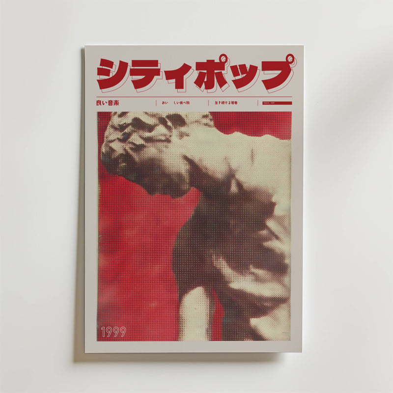Neon Relic Poster från Bozetto har pixlad konst av en klassisk staty på en röd bakgrund, med en fet japansk titel och "1999" som accentuerar dess retro City Pop och antik poster estetik.