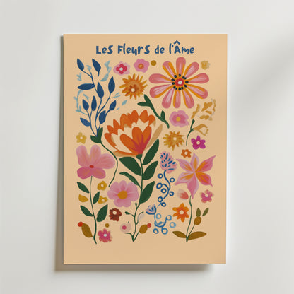 Les Fleurs De Ráme No.2 Poster by Bozetto har stiliserade rosa, orange, blå och gula blommor med den franska titeln i blå handskriven text, tryckt på FSC-certifierat premiumpapper för en högkvalitativ finish.