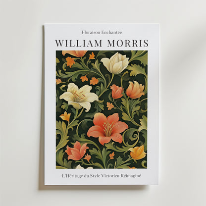 Bozetto Floraison Enchantée William Morris Poster föreställer utsmyckade blommor i orange, gult och creme med gröna blad. Fransk text lyder: L'Héritage du Style Victorien Réimaginé, som speglar tidlös elegans.