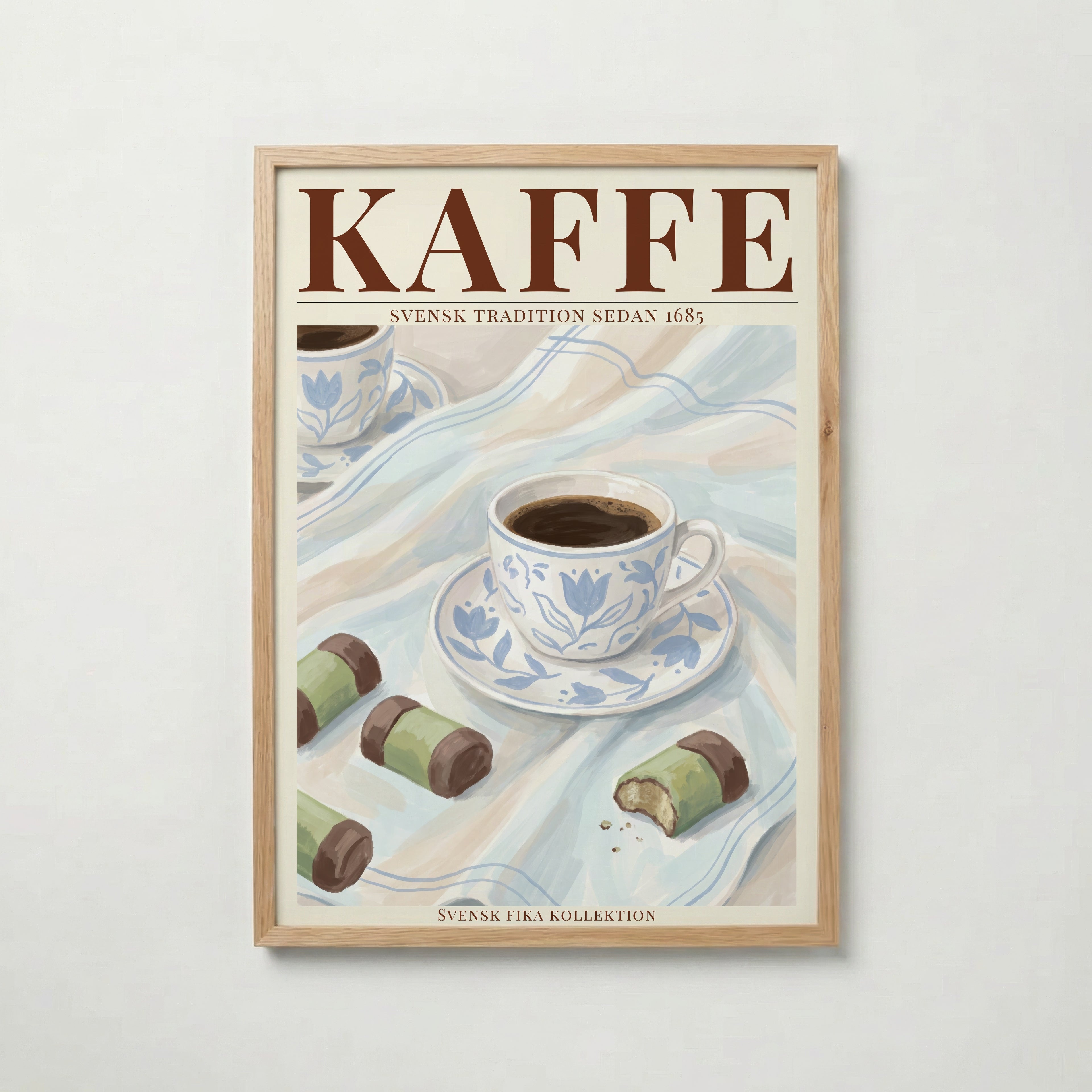 Kaffe poster inramad i ljus ekram med naturligt träutseende – från Bozetto i hög tryckkvalitet