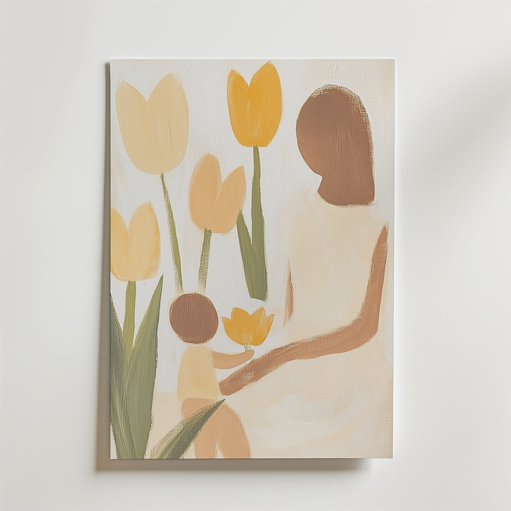 Bozetto Gardenia Grace Poster har en minimalistisk design av en kvinna och ett barn bland gula och beige tulpaner, avbildade med mjuka, abstrakta former på vitt premiumpapper - en elegant och stilfull affisch för alla utrymmen.