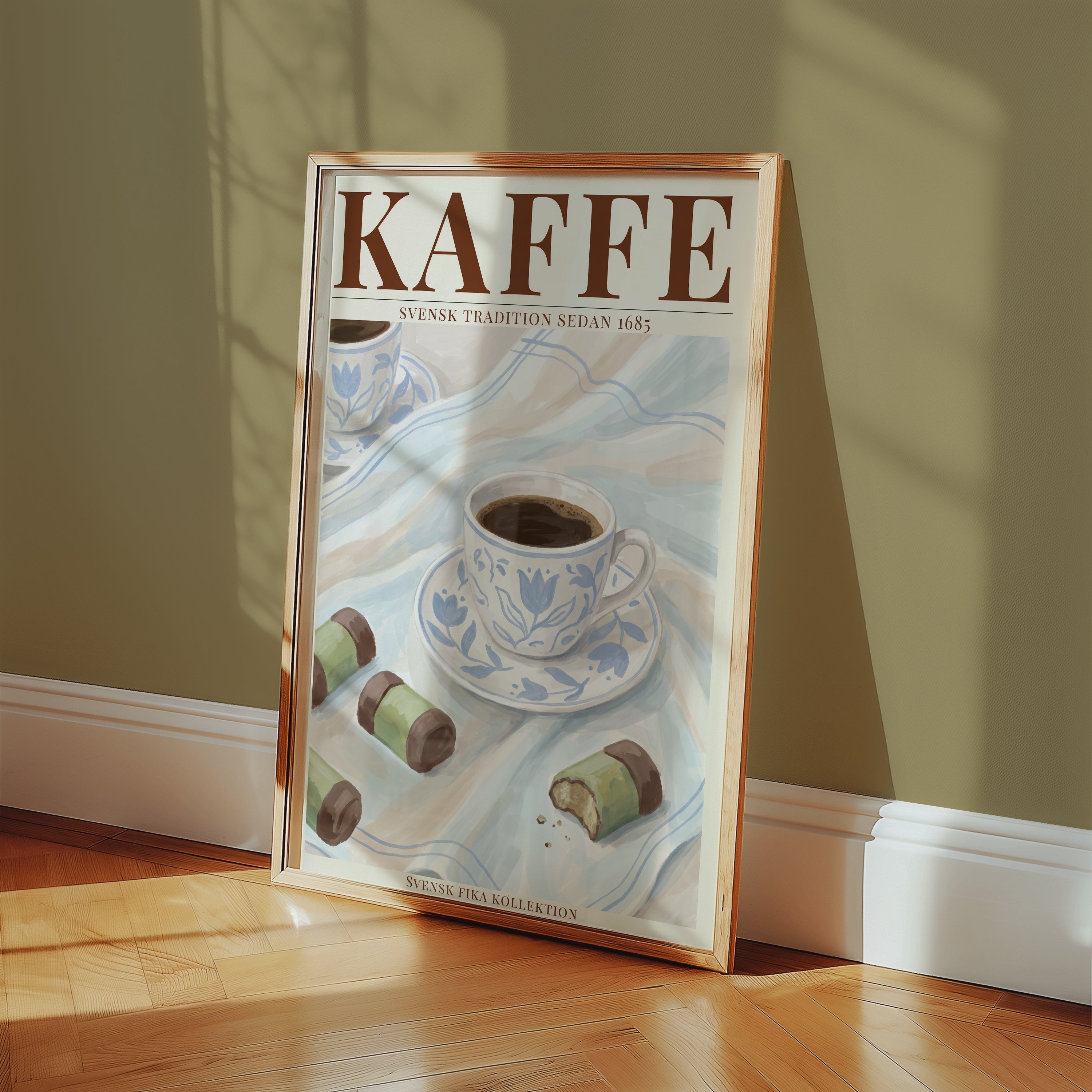 Kaffe affisch ovanför säng i minimalistiskt och stilrent sovrum – Bozetto i hög tryckkvalitet