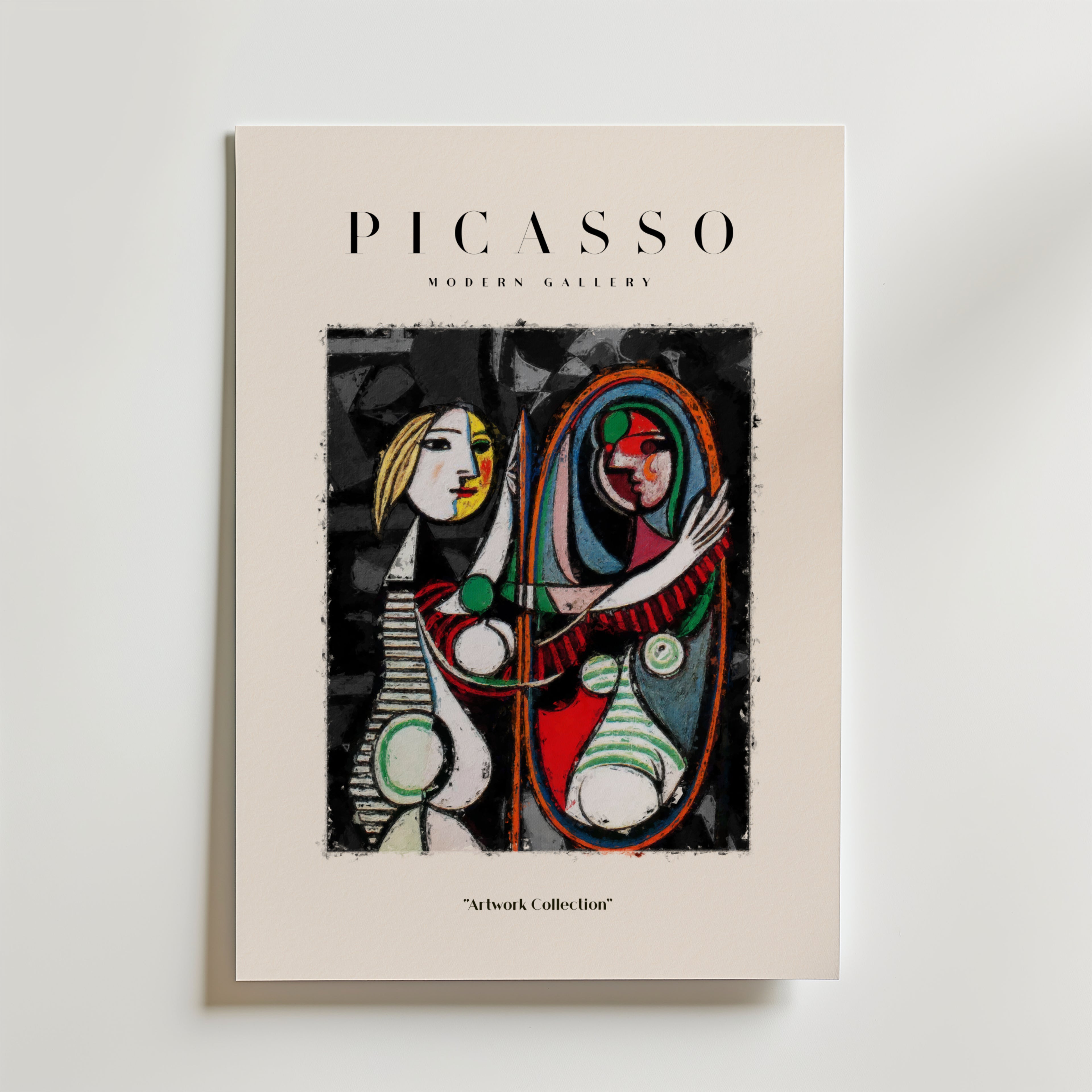 En Picasso inspirerad Mirror Poster från Bozetto, med BOZETTO högst upp, visar en färgstark abstrakt av två kvinnor - en som rör vid en spegel - som påminner om Picassos kubistisk konst. "Artwork Collection" är tryckt nedan.