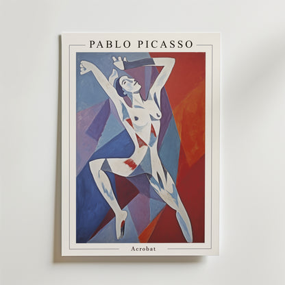 Bozetto Picasso Echoes of Freedom Poster visar en stiliserad akrobat i dynamiska, vinklade poser - en sann geometrisk dans - mot en djärv geometrisk bakgrund i blått, rött och lila. Titel och konstnärsnamn visas ovanför bilden.