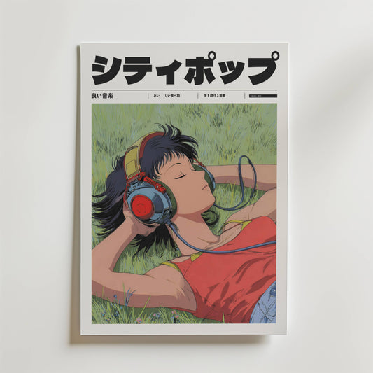 Tokyo Breeze Poster från Bozetto visar en livfull scen av en kvinna med kort mörkt hår i ett rött linne, som slappnar av i gräset med stora hörlurar. Djärv svart japansk text kröner denna iögonfallande dekorativa bit.