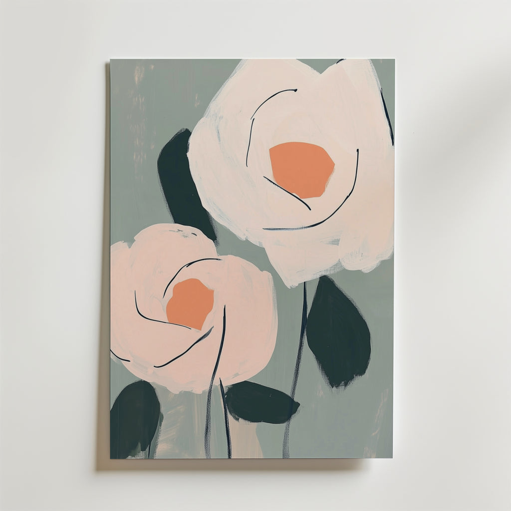 Postern Red Tulip Delight Poster från Bozetto har en minimalistisk målning av två abstrakta blommor på en dämpad grågrön bakgrund. Affischen är tryckt på premiumpapper med lyxig matt yta och visar upp djärva penseldrag och enkla former.