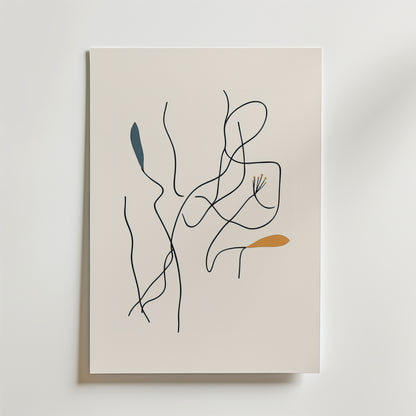 Bozetto Dancing Roots Poster visar minimalistiska svarta vågiga linjer och tre enkla bladformer i blått, gult och orange på vitt, tryckt på FSC-certifierat premiumpapper för en hållbar finish av hög kvalitet.