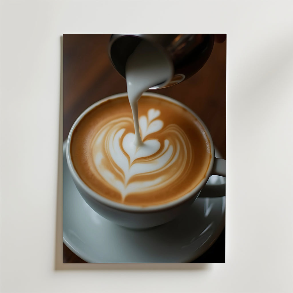 En närbild av en vit kaffekopp med hjärtformad lattekonst medan mjölk hälls från en metallkanna - Bozetto's Elegant Barista Coffee Poster på premiumpapper med en lyxig matt finish för en raffinerad touch.