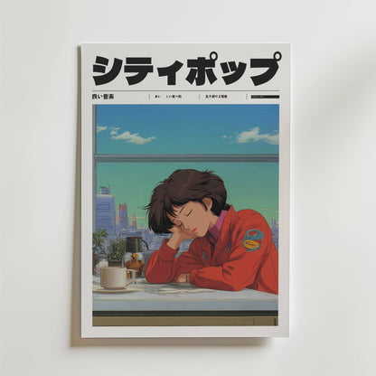 Bozetto's City Nap Poster föreställer en animerad kvinna med kort mörkt hår i en röd jacka som vilar vid ett fönster med utsikt över en stadsbild, med japansk text ovanför som framkallar stillhet och är perfekt för en elegant väggdekoration.