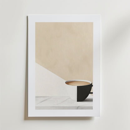 Bozetto Morning Coffe Harmony Poster visar en kaffekopp på vit marmor med mjuka geometriska former, tryckt på FSC-certifierat premiumpapper för en minimalistisk, modern och miljövänlig look.