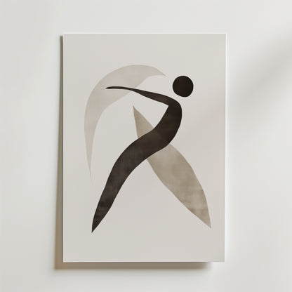 Bozetto Abstract Movement Poster föreställer en svart figur i rörelse med böjda grå former på en vit bakgrund, tryckt på FSC-certifierat premiumpapper - ett snyggt val för moderna interiörer.