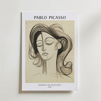 Bozettos Picasso Serene Elegance Poster visar ett abstrakt linjeporträtt från 1946 - Portrait de Françoise - med stiliserade drag och elegant text som ramar in konstverket.