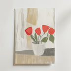 Bozetto Orchid Tranquility Poster visar tre röda blommor med gröna blad i en vit vas på en neutral beige och grå abstrakt bakgrund, tryckt på premiumpapper för en lugn inredningsaccent.