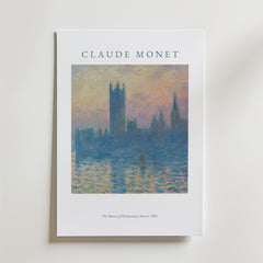 Bozetto Claude Monet The House Of Parlament Poster med en impressionistisk silhuett och färgglada himmelsreflexer från 1903 års konstverk, tryckt på premiumpapper med en krispig vit bakgrund.