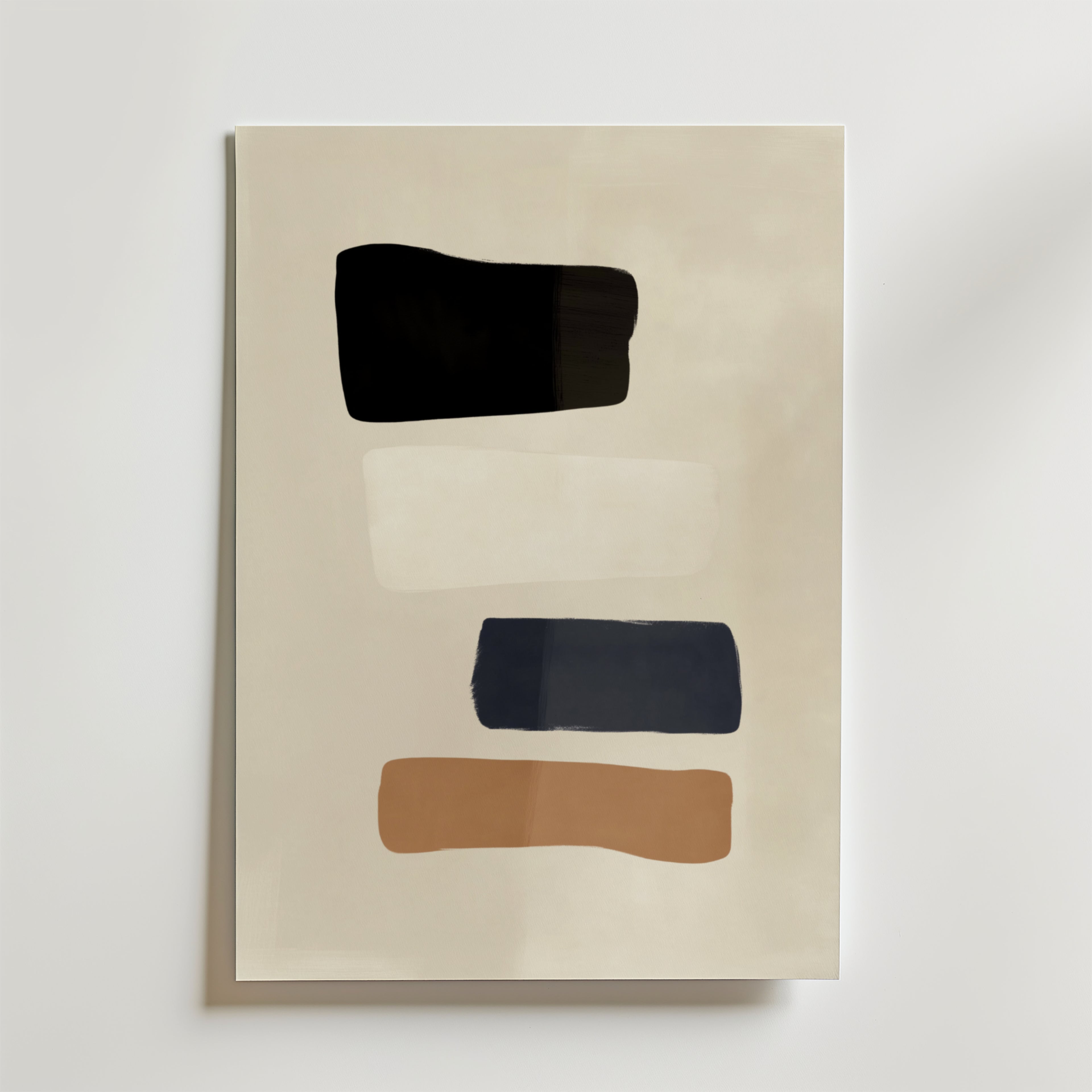 Earth Tone Blocks Poster by Bozetto har fyra ojämna horisontella block - svart, off-white, mörkblå och ljusbrun - staplade på en ljusbeige bakgrund, tryckt på FSC-certifierat premiumpapper med lyxigt matt yta.