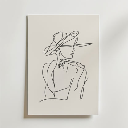 Bozetto Parisian Grace Poster har en minimalistisk linjeteckning av en kvinna med en bredbrättad hatt som utstrålar parisisk charm. Postern är tryckt på premiumpapper och avtecknar sig mot en krispigt vit bakgrund.