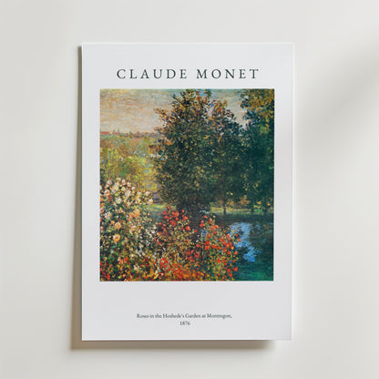 Bozetto Claude Monet Garden At Montregon Poster föreställer livfulla blommor, frodiga träd och en blå damm från Monets målning från 1876. Postern är tryckt på premiumpapper och visar Monets namn på ett elegant sätt högst upp.