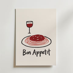 Bon Appetit Poster by Bozetto har en minimalistisk design av spaghetti med röd sås och ett glas rött vin, tryckt på premiumpapper med "Bon Appetit" på en vit bakgrund - perfekt för inredning.