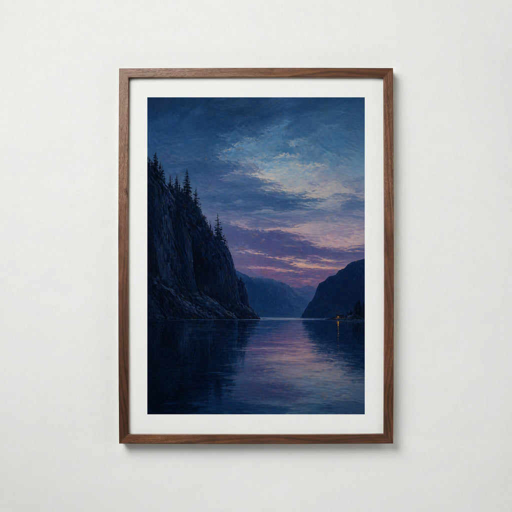 Twilight Fjord Poster i valnötsram – varm konstaffisch för hemmet från Bozetto