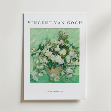 Ett bokomslag med Van Gogh Vase With Pink Roses Poster av Bozetto, som visar ljusa rosor i en vas på en grön bakgrund med Vincent van Goghs namn ovanför - perfekt för konstposterfans.