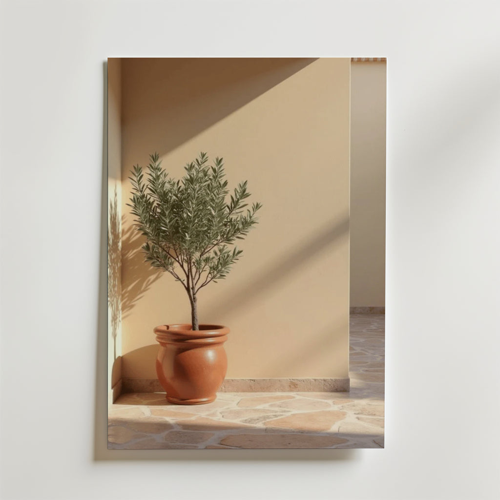 A Terracotta planter with olive tree poster by Bozetto föreställer ett solbelyst olivträd i en terrakottakruka på klinkergolv mot en beige vägg, tryckt på FSC-certifierat premiumpapper - perfekt inspiration för din inredning.