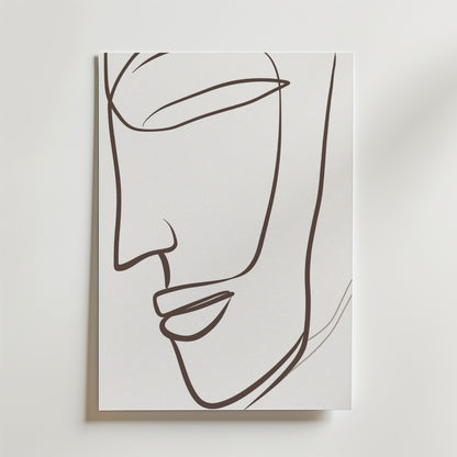 Silent Grace Poster by Bozetto har minimalistiska linjer av en mänsklig sidoprofil i flödande svart på vitt premiumpapper, vilket skapar ett elegant, tidlöst konstverk.