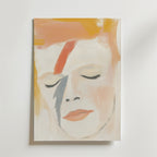 Affischen Starman's Dream från Bozetto visar ett ansikte med slutna ögon, orange hår och en röd och blå blixt på en vit bakgrund - perfekt för högkvalitativ inredning, tryckt på premiumpapper.