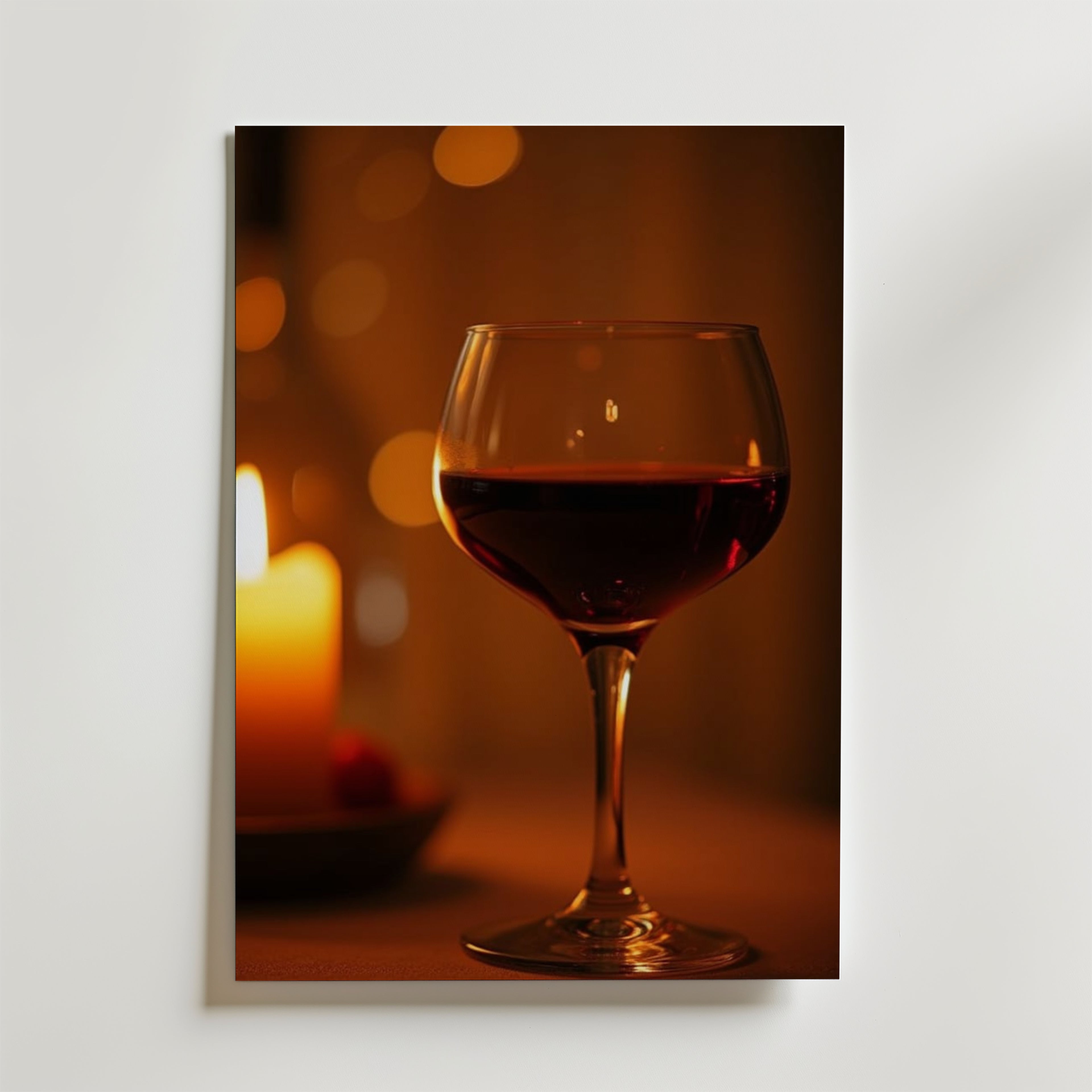 Ett glas rödvin står vid ett tänt ljus och Bozetto Velvet Night Wine Poster på premiumpapper förstärker den mysiga stämningen med sina varma, suddiga ljus i bakgrunden.