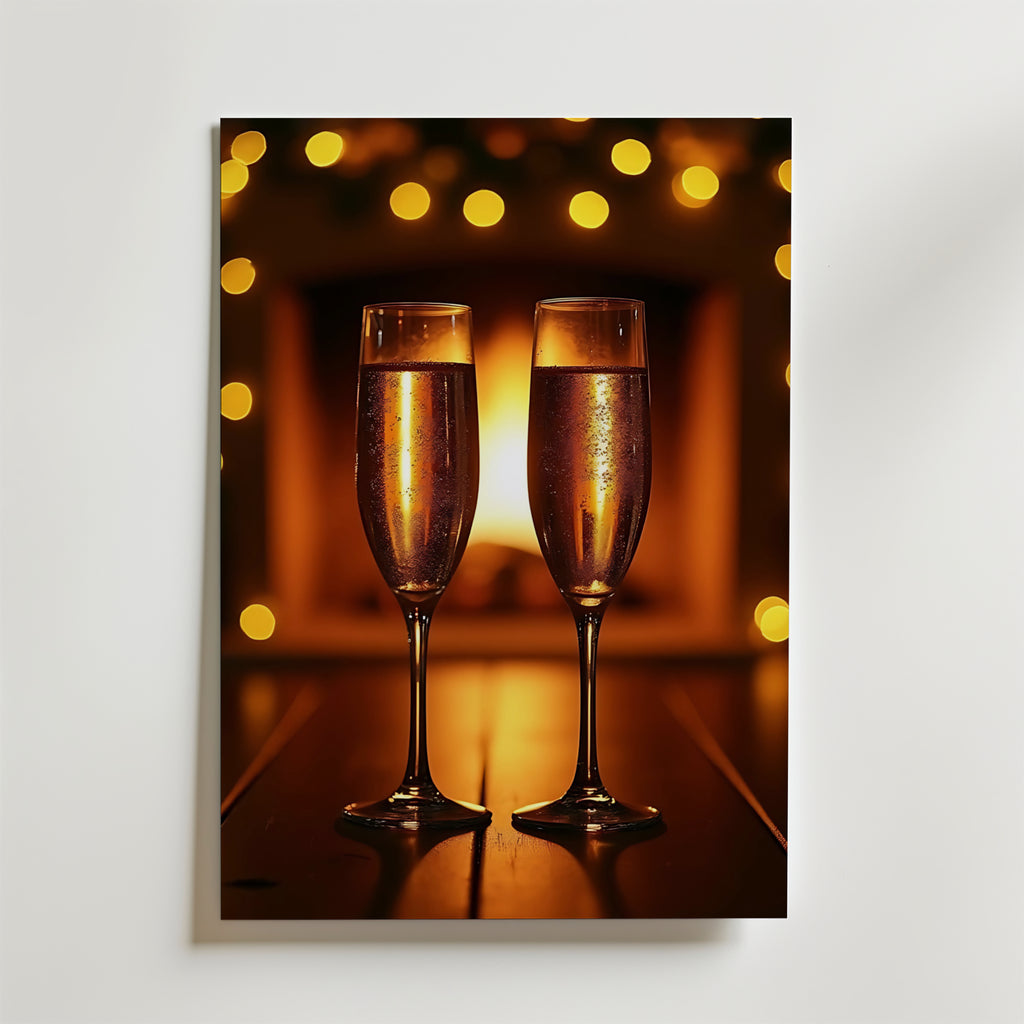 Spakling Romance Poster by Bozetto föreställer två champagneflöjter med mousserande vin mot gyllene bokeh-ljus som skapar en festlig och romantisk stämning - tryckt på premiumpapper med en lyxig matt finish.