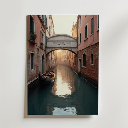 Upplev venetiansk charm med Bozetto Venetian Tranquility Poster, med en gondol som glider under en stenbro i Venedig, vackert tryckt på premiumpapper med matt yta för en elegant finish.