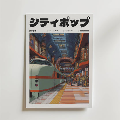 Urban Transit Poster av Bozetto visar en illustrerad, futuristisk tågstation i Tokyo med ett elegant tåg, människor på perrongen och livfull japansk text, allt i neonljus för en slående, affischliknande look.