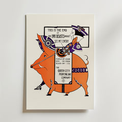 Bozettos "This Is The End Poster" på premiumpapper har en stiliserad orange gris med geometriska mönster - perfekt för Ink Beasts' Parade.