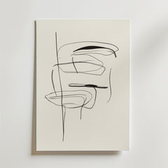 Bozetto Voices in Motion Poster visar minimalistisk abstrakt konst på premiumpapper, med tunna, svarta böjda och raka linjer som korsar varandra på en vit duk, vilket skapar slående enkelhet med gott om vitt utrymme.