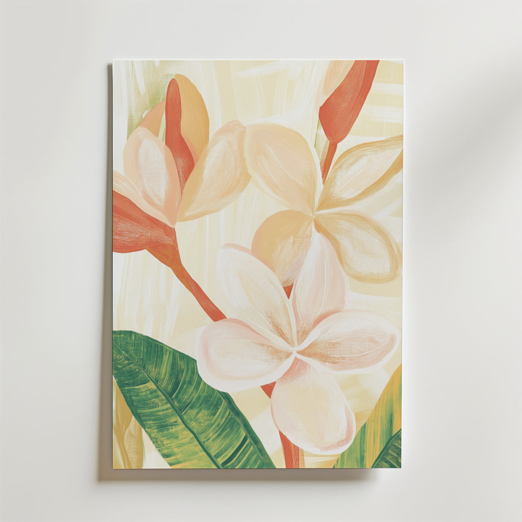 Bozetto Flower And Leave Poster visar ljusrosa och krämfärgade tropiska blommor, gröna blad och röda knoppar på matt yta premiumpapper, vilket ger en raffinerad accent för alla vita väggar.