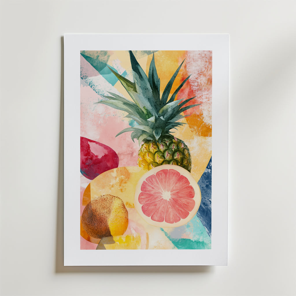 Bozetto Abstract Harvest No.2 Poster föreställer en levande ananas, halverad grapefrukt och frukter på en abstrakt pastellfärgad bakgrund, i en vit ram och tryckt på FSC-certifierat premiumpapper med lyxig matt yta.
