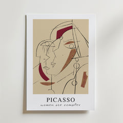 Postern "Picasso Women Are Complex" från Bozetto har abstrakt linjekonst av två överlappande kvinnoansikten i jordnära toner och geometriska former - perfekt minimalistisk konst för modern inredning. Under bilden står texten: PICASSO kvinnor är komplexa.