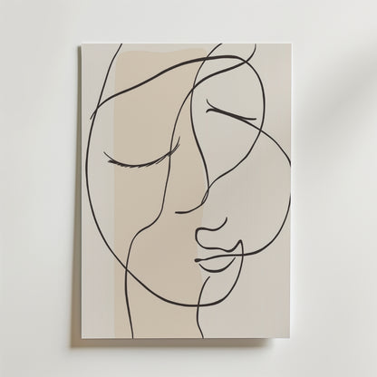 Bozetto Inner Serenity Poster har minimalistisk linjekonst av ett lugnt ansikte med slutna ögon på en ljusbeige bakgrund, tryckt på premiumpapper med överlappande svarta linjer för en lugn, abstrakt look.