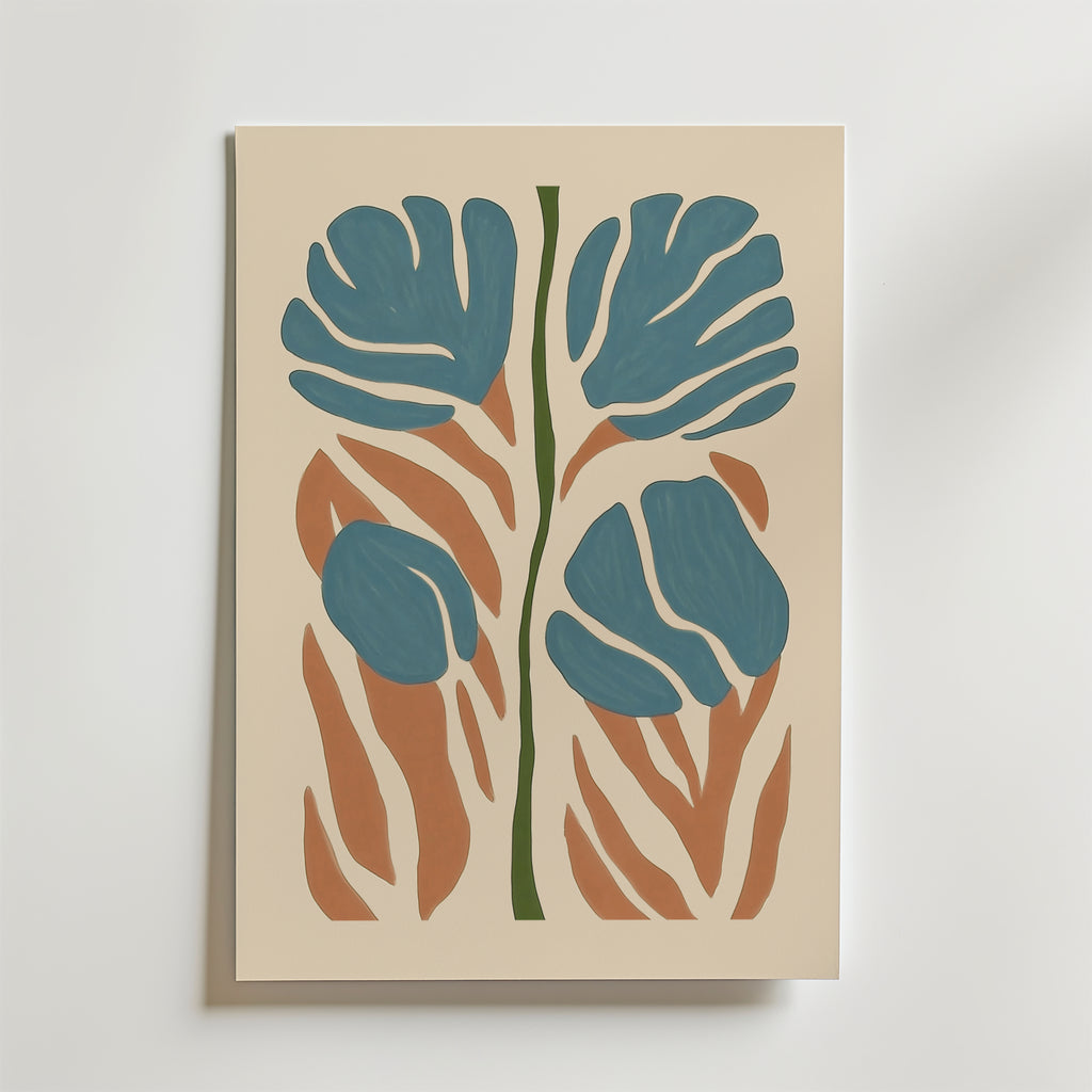 Abstract Botanical Poster by Bozetto har abstrakta blå blommor, bruna blad och en grön stam på beige, tryckt på FSC-certifierat premiumpapper med högkvalitativ finish.
