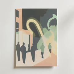 Postern Afterglow från Bozetto visar abstrakta silhuetter nära en byggnad med gröna, gula och persikofärgade pastellfärger. Postern är tryckt på premiumpapper med en lyxig matt finish och skapar en drömsk, atmosfärisk effekt.