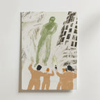 Fifth Encounter Poster från Bozetto föreställer fyra personer med höjda armar som konfronterar en stor, grön spektralfigur bland abstrakta byggnader. Den surrealistiska, mystiska stämningen förstärks av dämpade toner och premiumpapperskvalitet.