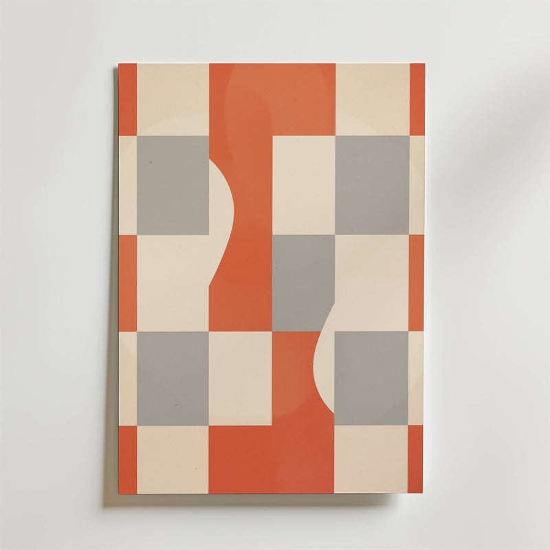 Postern Earth Harmony från Bozetto har en modern japandi-estetisk design med ett rutnät av krämfärgade, orangea och grå rutor som korsas av böjda beige former, vilket skapar en djärv geometrisk abstrakt på en vit bakgrund.