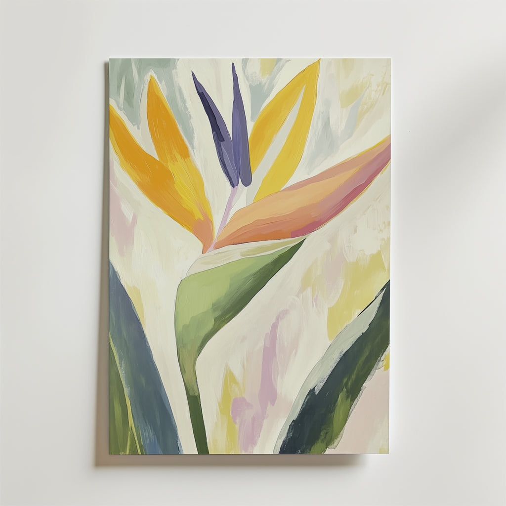 Bozetto Abstract Tropical Poster visar en paradisfågelblomma i levande gult, orange, grönt och lila på en ljus, texturerad bakgrund, tryckt på FSC-certifierat premiumpapper med en lyxig matt finish.