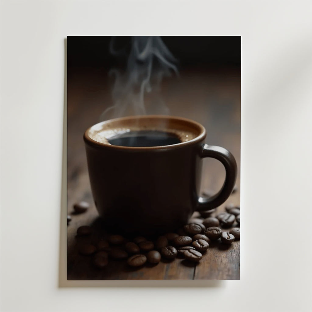 En rykande kopp svart kaffe står på en träyta med utspridda bönor och en mörk suddig bakgrund - perfekt som Bozetto Roasted Coffe Poster, tryckt på FSC-certifierat premiumpapper.