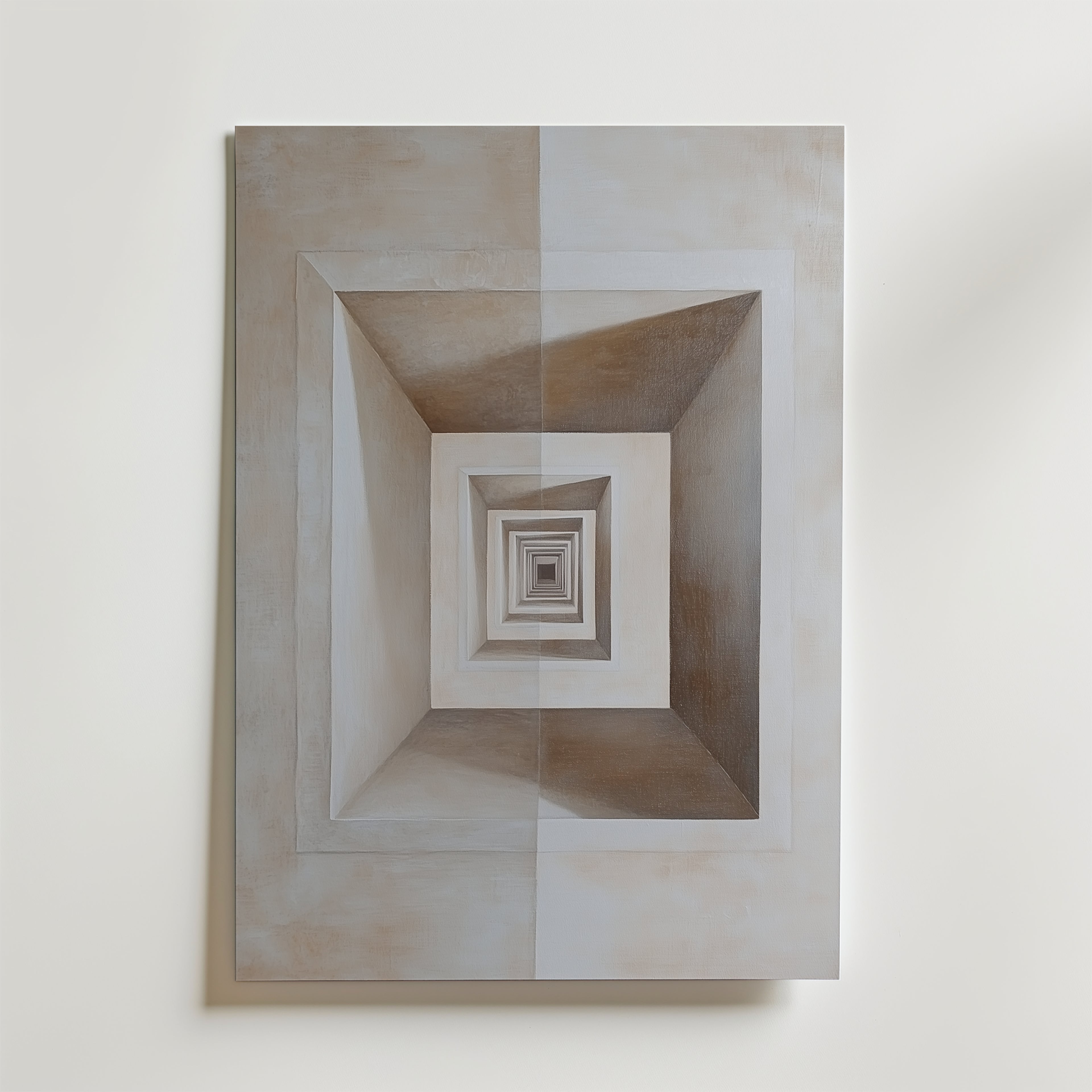 Bozetto Abstract Infinity No.2 Poster har en geometrisk tunnel i neutrala toner på en vit vägg, vilket skapar en slående illusion av djup. Postern är tryckt på FSC-certifierat premiumpapper och ger en modern touch till alla rum.