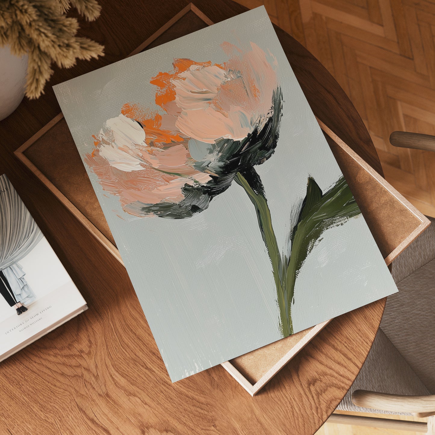 Abstrakt blomstermønster med fersken og hvide blomster Plakat
