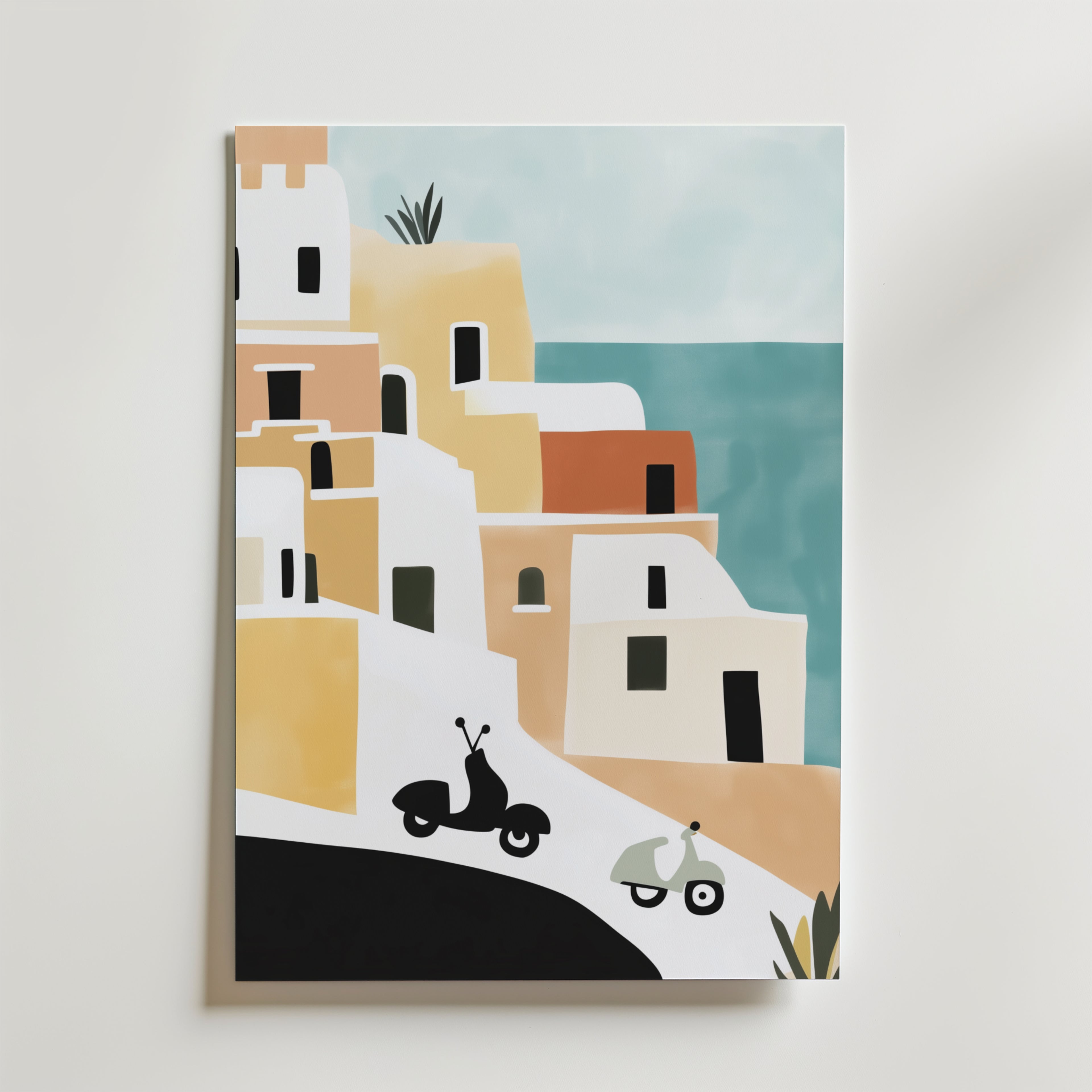 Postern Afternoons in Amalfi Poster by Bozetto visar en kustby med ockrafärgade och vita byggnader på sluttningarna, två skotrar på en krökt väg och är tryckt på premiumpapper med en lyxigt matt yta för en elegant finish.