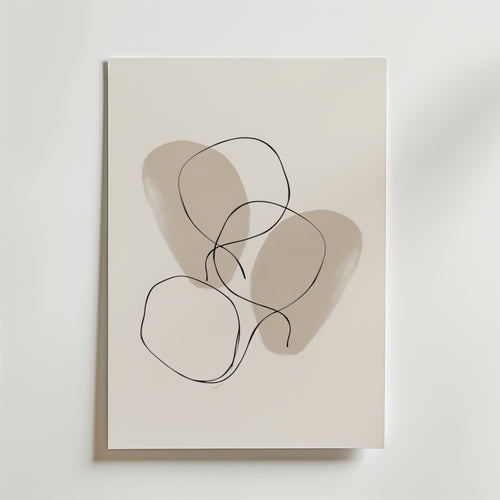 Linear Harmony Poster by Bozetto har minimalistisk abstrakt konst med två mjuka beige former och tre överlappande svarta linjeslingor, tryckt på premiumpapper för en lyxig matt finish.