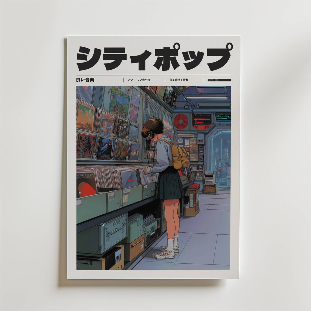 Silent Records Poster av Bozetto visar en flicka i skoluniform som bläddrar bland album i en retro musikaffär, med japansk text och djärva City Pop-vibbar.