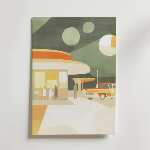 Orbit Café Poster by Bozetto har en stiliserad retro diner-scen med människor, en klassisk bil och futuristiska former i en grön pastellfärgad himmel, tryckt på premium FSC-certifierat papper.
